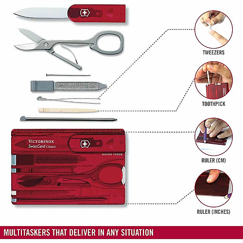 Набір Victorinox Swisscard 82х54х4мм/10функ/прозорий червоний