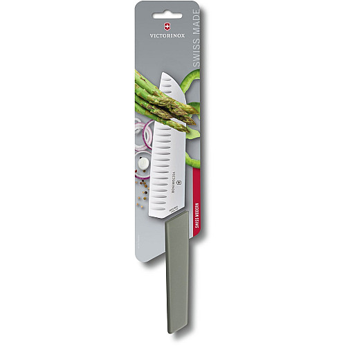 Кухонный нож Victorinox Swiss Modern Santoku, 17 см, рифл., зел. ручкой, блистер