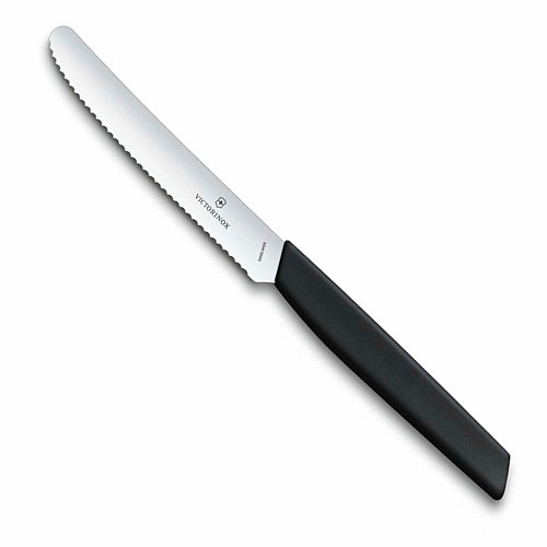 Кухонный нож Victorinox Swiss Modern Tomato&Sausage, 11 см, черный. ручкой