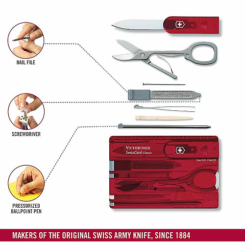 Набір Victorinox Swisscard 82х54х4мм/10функ/прозорий червоний
