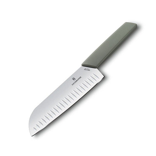 Кухонный нож Victorinox Swiss Modern Santoku, 17 см, рифл., зел. ручкой, блистер