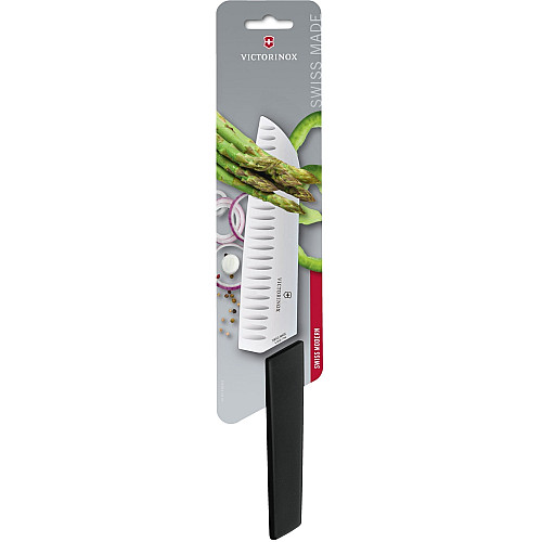 Кухонний ніж Victorinox Swiss Modern Santoku, 17 см, рифл., з чорн. ручкою, блістер