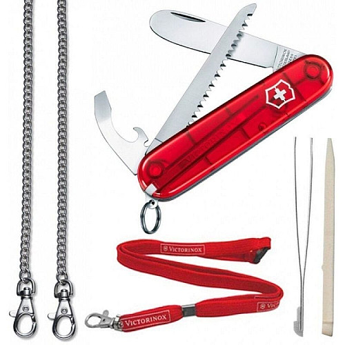 Нож Victorinox My First 84мм/9функ/прозрачный красный + цепочка 41815 + шнурок 4187
