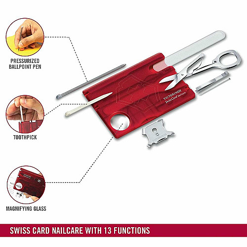 Набор Victorinox Swisscard Nailcare 82х54х4мм/13функ/прозрачный красный