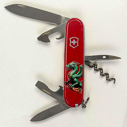 Нож Victorinox Spartan Zodiac 91мм/12функ/зеленый дракон на ветке дерева/красный