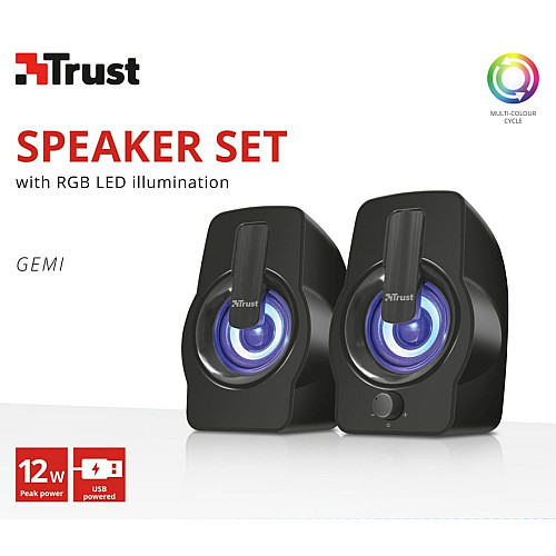 Акустична система Trust Gemi 2.0, USB/AUX, RGB, чорний