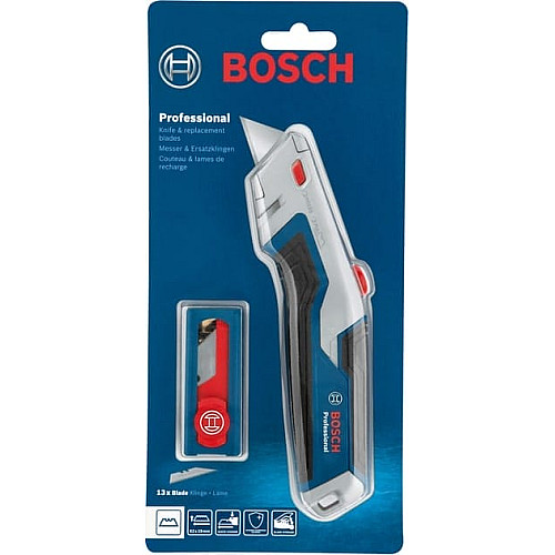 Нож строительный трапециевидный складной Bosch, пластиковый корпус, 253 мм, набор лезвий 13шт