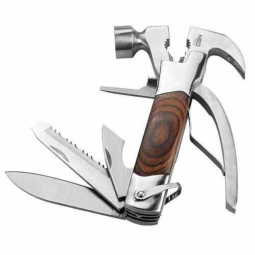Мультитул Neo Tools, 13в1, молоток, плоскогубцы, гайкогубцы, кусачки, гвоздодер, отвертки 2хSL и PH, пилочка, напильник, два ножа, консервный нож, чехол