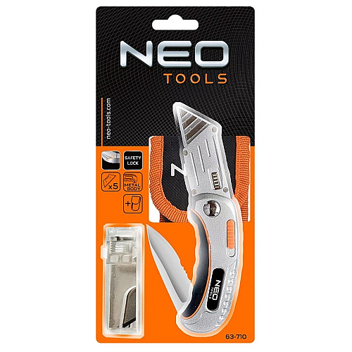 Нож строительный трапециевидный складной Neo Tools, 2 наконечника, 5 лезвий в наборе, чехол