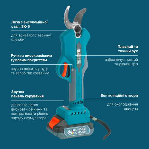 Секатор акумуляторний Konner&Sohnen KS CPS20V-32 Case PLUS 20В акб 2х2А·год d 15-32мм ЗП кейс 0.89кг