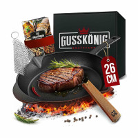 Чавунна пательня Gusskönig 26 см + книга рецептів, очищувач, шкіряна накладка