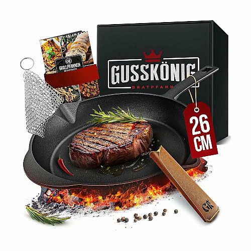 Чугунная сковорода Gusskönig 26 см + книга рецептов, очиститель, кожаная накладка