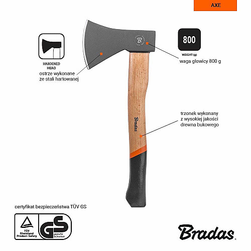Сокира універсальна WOOD, 800 г, дерев'яний держак, KT-SW1080