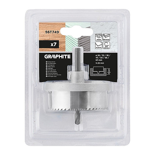 Коронки по дереву GRAPHITE 26,32,38,45,50,56,63мм, 7шт