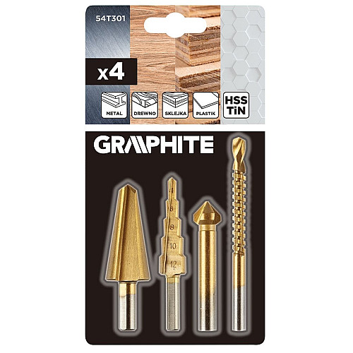 Набор сверл GRAPHITE TiN, ступенчатое сверло, развертка, фреза, зенкер, 4шт, 0.098кг