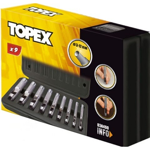 Пробійник круглих отворів TOPEX, набір 9шт, 3-12мм, 195мм, кейс