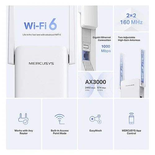 Расширитель покрытия WiFi MERCUSYS ME80X AX3000, 1хGE LAN