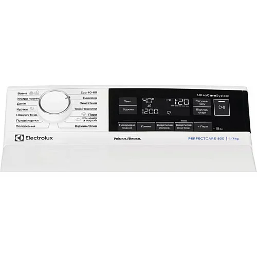 Пральна машина Electrolux вертикальна, 7кг, 1300, A, 60см, дисплей, пара, інвертор, білий